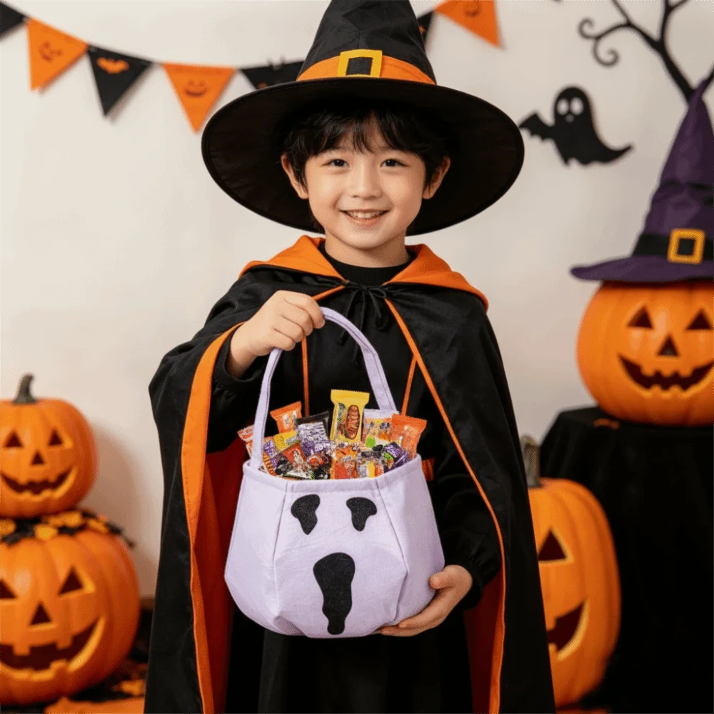 Non-woven Fabric Halloween Ghost Candy Bag White Reusable Halloween Candy Bucket Folding Lightweight Trick-Or-Treat Candy Basket