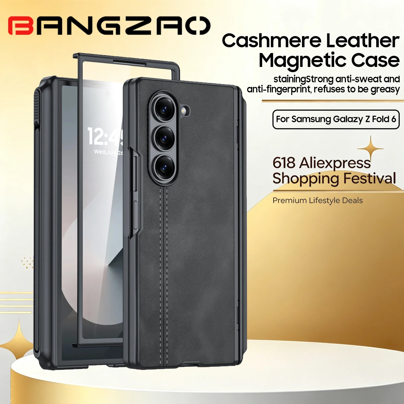 

618 Sale For Samsung Galaxy Z Fold 6 Case With S Pen Holder 9H Glass Screen Protector Hinge Protection Leather Cover-Black