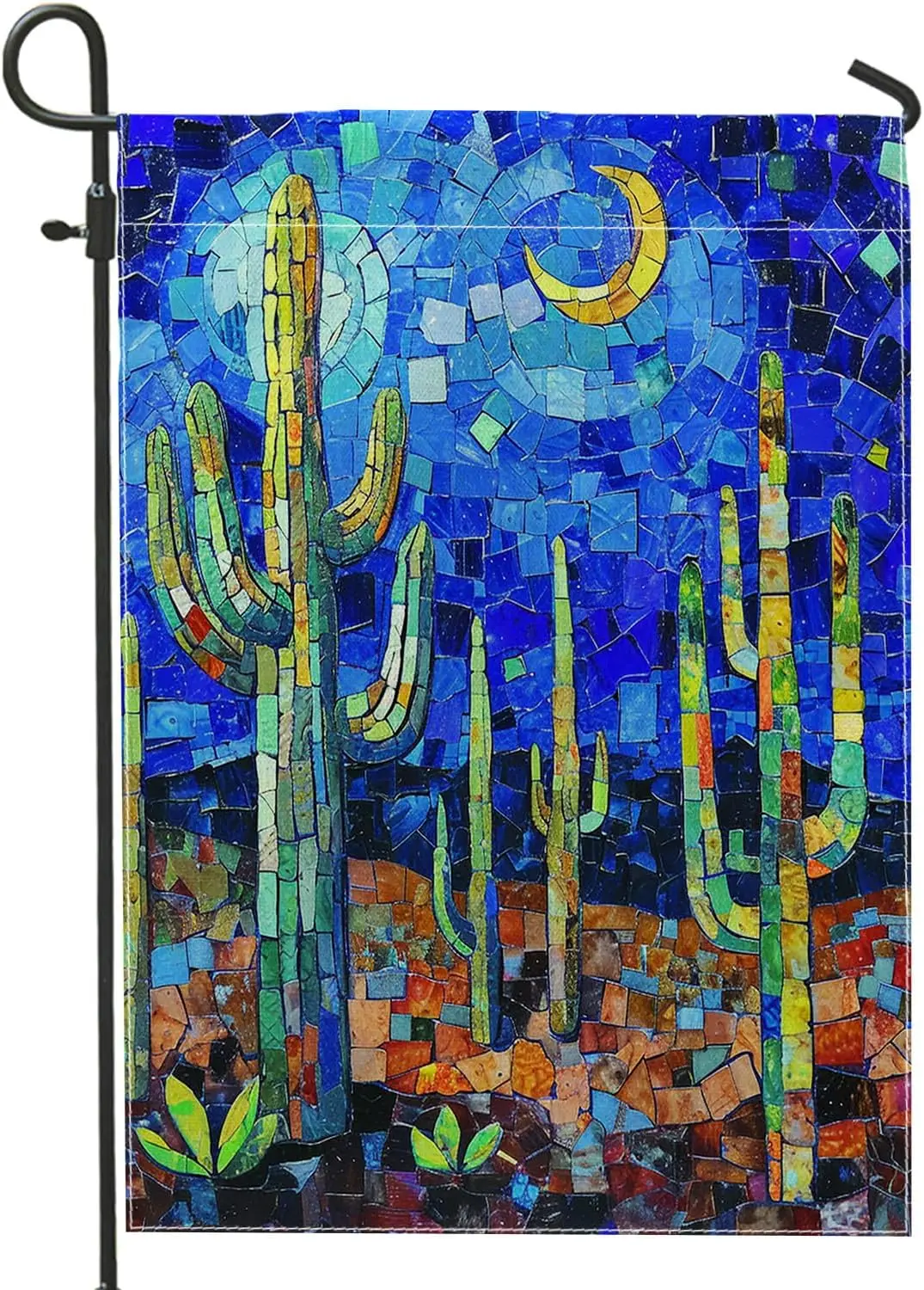 

Spring Cactus Garden Flag Geometric Plants Pretty Moon Vintage Midcentury Desert Blue Linen Double Sided for Outside Decorat VVJ