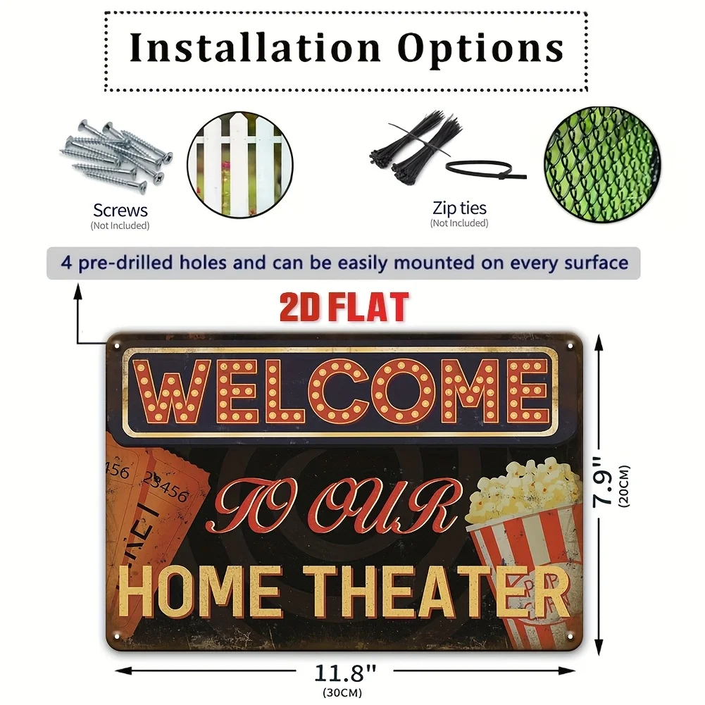 2D Flat, 4pcs Vintage Popcorn Metal Signs- 20x30cm Wall Art With Movie Theater& Popcorn Design, Double Feature!Decor For Home
