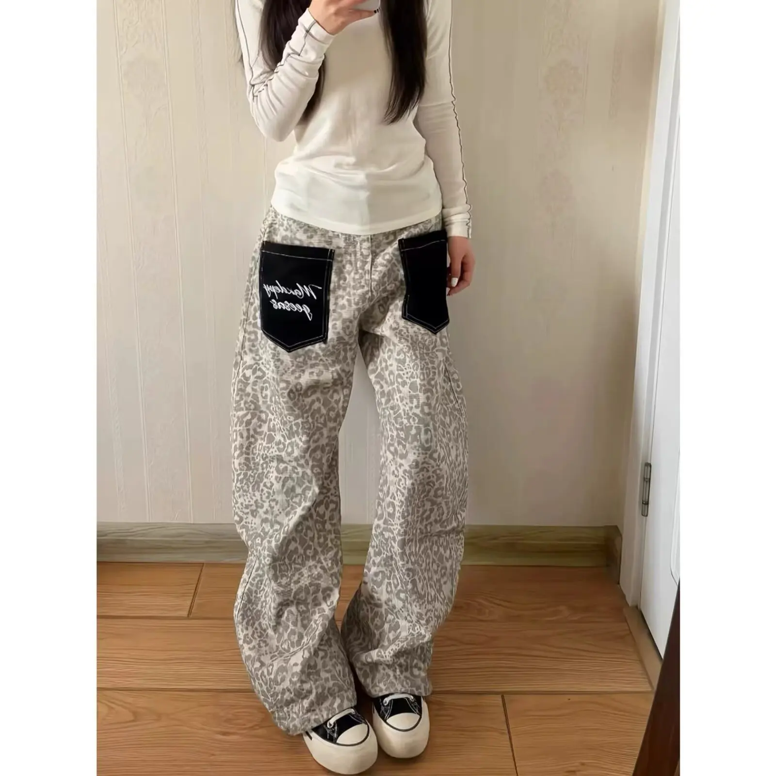 Fall Winter Large Size American Leopard Print Patchwork Pocket Denim Pants Men Loose Wide Leg Knife Long Trousers