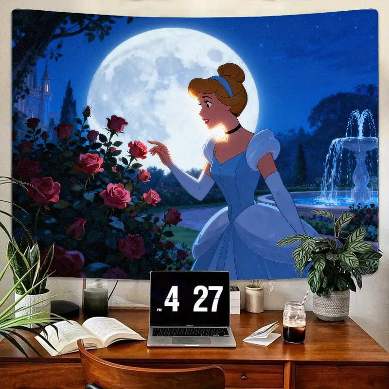 

1 шт., гобелен принцессы Золушки, синее платье, волшебный лунный розовый сад, настенное искусство, эстетический декор комнаты, подарок для девочек.