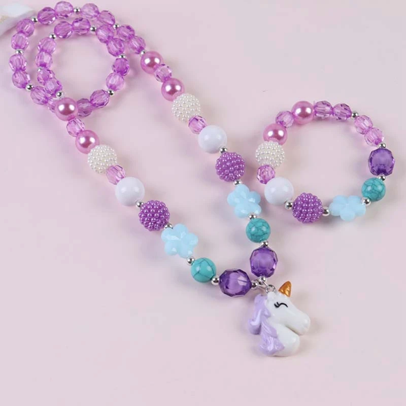 2pcs/set Children Sweet Necklace Bracelet Set Cute Mermaid Unicorn Pendant Pink Purple Beaded Girls Necklace Beads Jewelry 