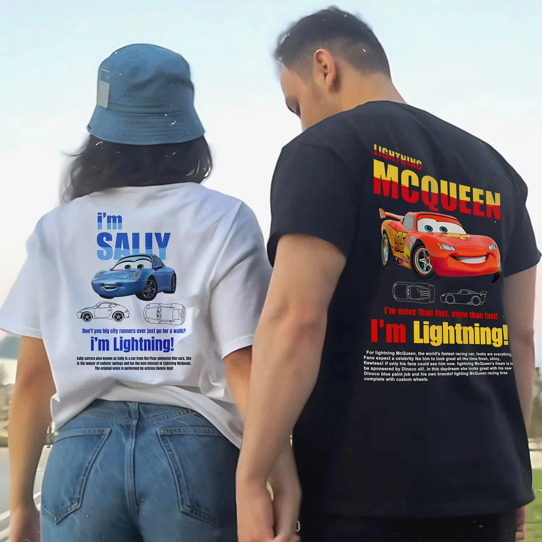 

Футболка для пар с принтом Lightning Mcqueen and Sally Back для мужчин и женщин, хлопковая футболка с короткими рукавами Sally and Mcqueen, летний повседневный топ