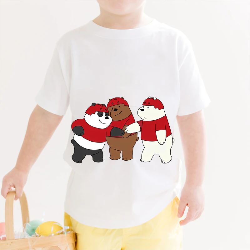 T-shirt dziecięcy z nadrukiem We Bare Bears Letni dziecięcy bawełniany biały top z krótkim rękawem, odpowiedni dla chłopców i dziewcząt