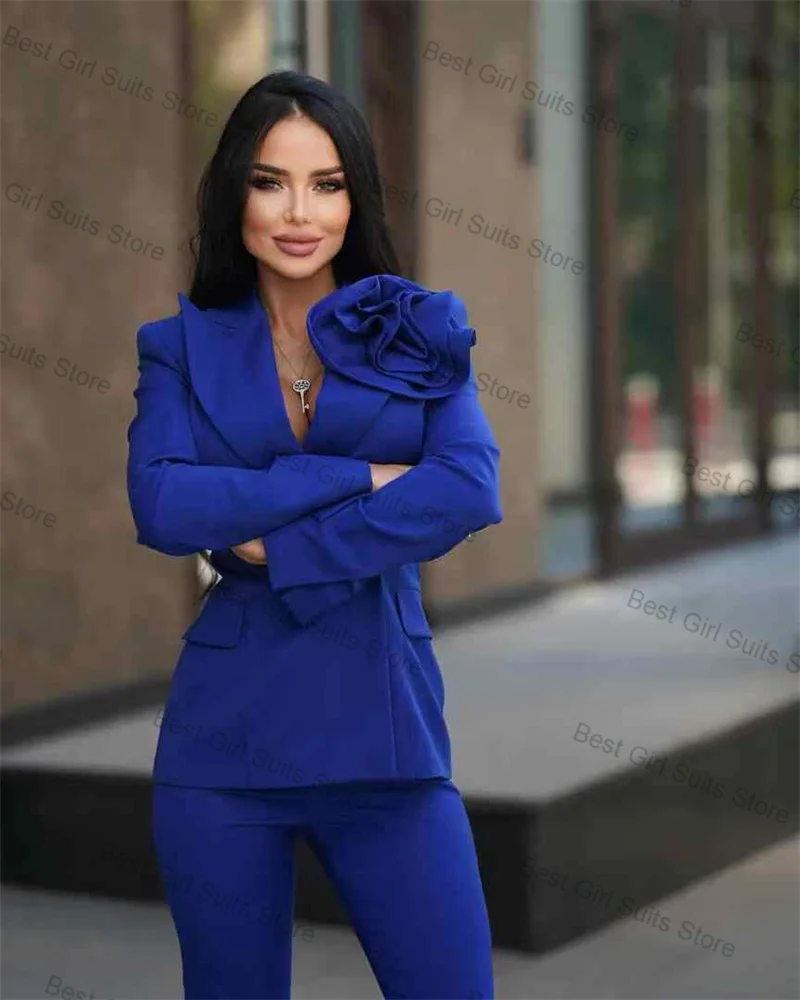 

Royal Blue Women Suit Set 2 Pcs Blazer Pants Fall Autumn 3D Flower Formal Office Lady Jacket Customized Wedding Trousers