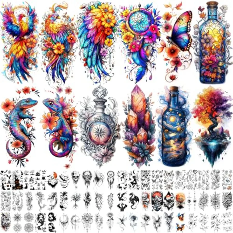 

72 Sheets Magic Bottle Temporary Tattoos for Women Adults Galaxy Fantasy Tattoo Stickers with Crystals, Feathers and Phoenix Wi