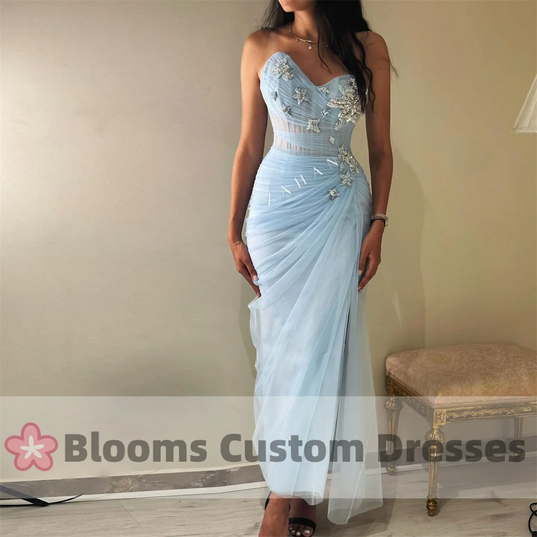 Blooms Water Blue Tulle Beaded Customized Evening Dresses For Special Occasion Saudi Pleat Party Gown Sleeveless Prom Dresses