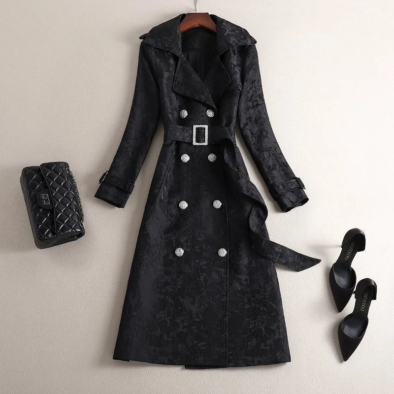 Windbreaker Long 2023 Spring New Lapel Fashion White Black Jacquard Lace-Up Trench Coat Women