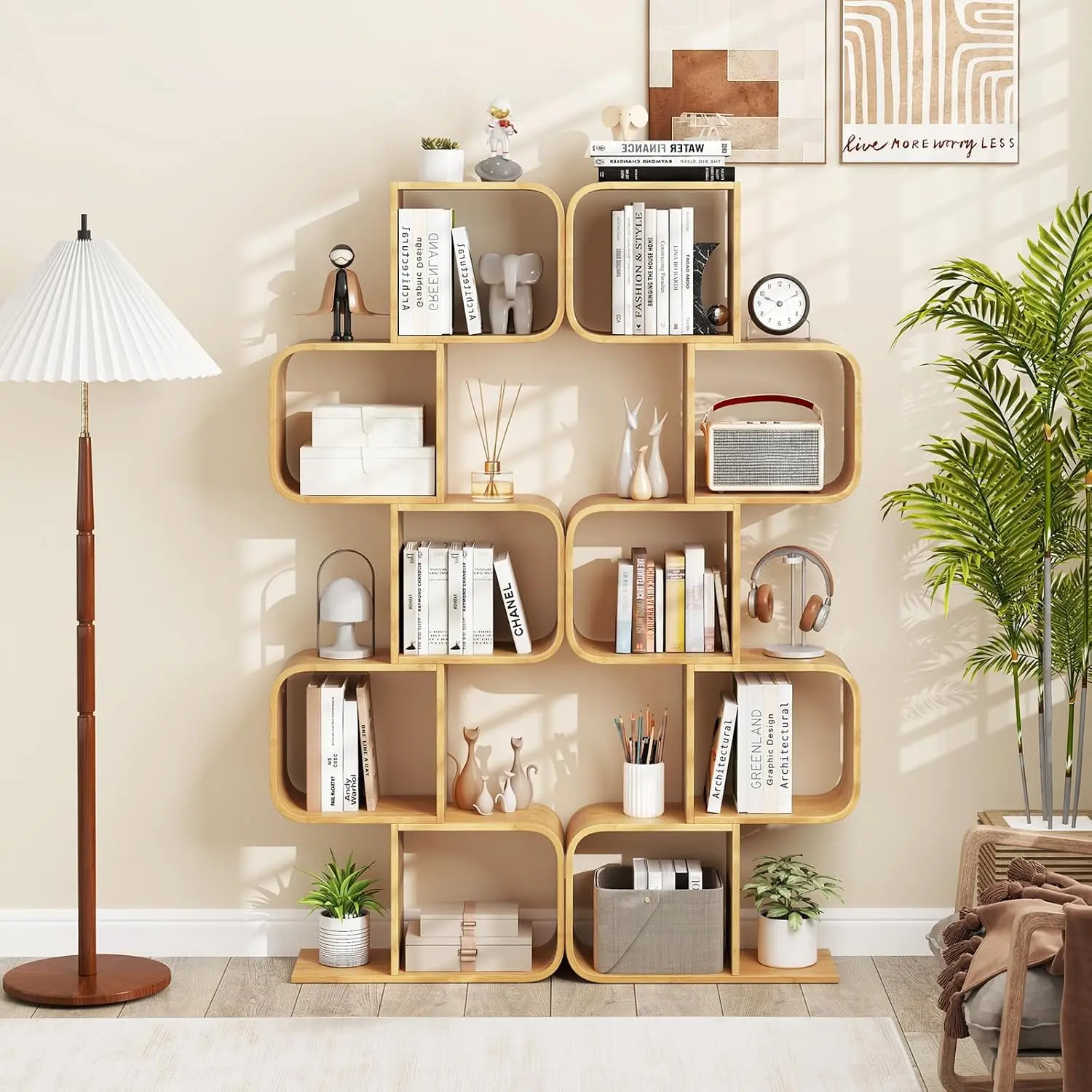 5-Tier S-Shaped Bamboo Bookcase with Open Cubes, Geometric Corner Display Shelf for Living Room & Home Office, Natural, Customiz