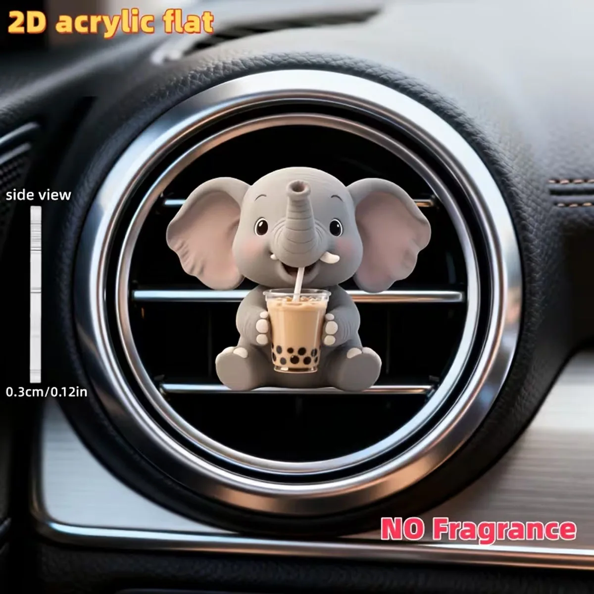 2D Flat Cute Elephant Bubble Tea Car Vent Clip, Add Fragrance, Acrylic Cartoon Interior Accessory, Holiday Gift