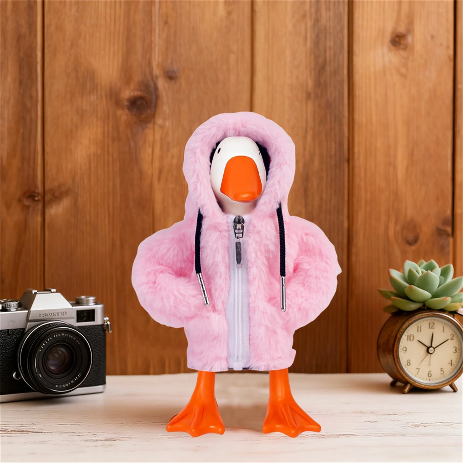 Weihnachten Winter Plüsch Kleidung Puppen sehen echt aus Tischplatte Gans Hoodie Kleidung Tischplatte Gans Statue Reißverschluss Leopardenmuster Bekleidung