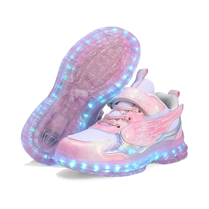2026 New Kids LED Light Up Shoes Pink Wing Sneakers USB Rechargeable Flashing Outdoor Sports Shoes for Boys and Girls