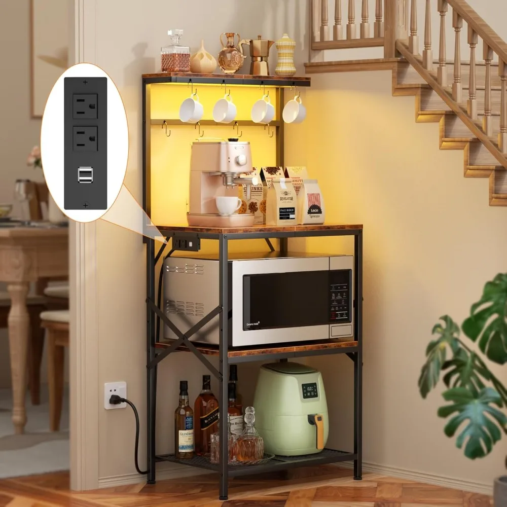 

Kitchen Bakers Rack with Power Outlet & LED Lights, Small Coffee Bar Table with Adjustable Storage Shelf, 4 Tiers Microwave Stan