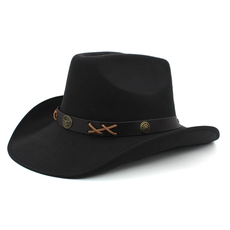 Men Women Woolen Western Cowboy Hats Wide Brim Sunhats Party Travel Sombrero Outdoor Caps Classical Retro US Size 7 1/4 UK L