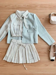 Autumn Winter Korean Fashion Loose 3-piece Set Women Sweet Chic Bow Long Sleeve Coat Polka Dot Shirt + Ruffle Lace Up Skirt Suit