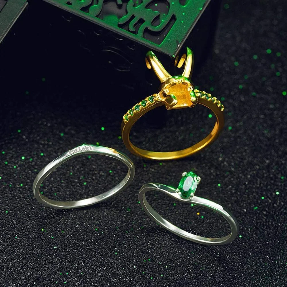 3 Piece Loki Ring Set Women's Superhero Thor Green Crystal Crown Helmet Ring Stacking Jewelry Cosplay Accessories for Men Women