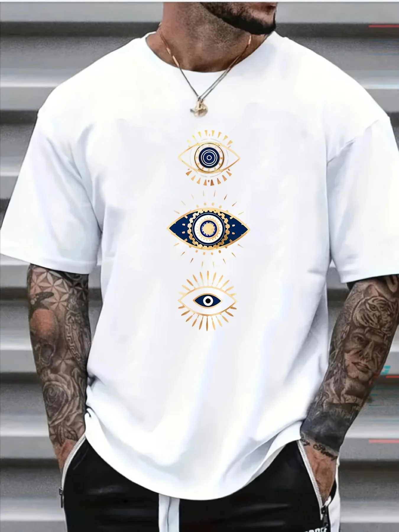 Men's Evil Eye Triple Protection T-Shirt -  Premium Soft  GreekEgyptian Amulet Design, Round Neck Casual Streetwear Suitable for Summer Festivals, Daily Wear  Cultural Gift,  for -