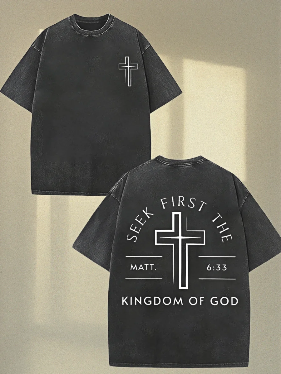 

Classic Retro Crew Neck Cotton T-Shirt With Cross And Bible Verse Print