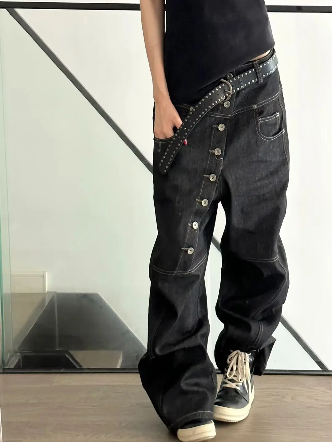 Personalized Jeans American High Street Curved Long Button Scimitar Men's Jeans Summer Loose Wide-Leg Pants Trendy Male Trousers