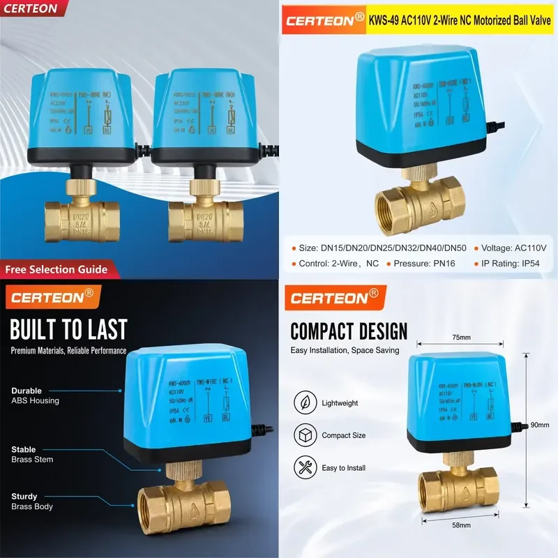 KWS-49 Electric Motorized Ball Valve AC110V 2 Wire Normally Closed Brass 2 Way HVAC Fan Coil Solar Water DN15-DN50 Valve