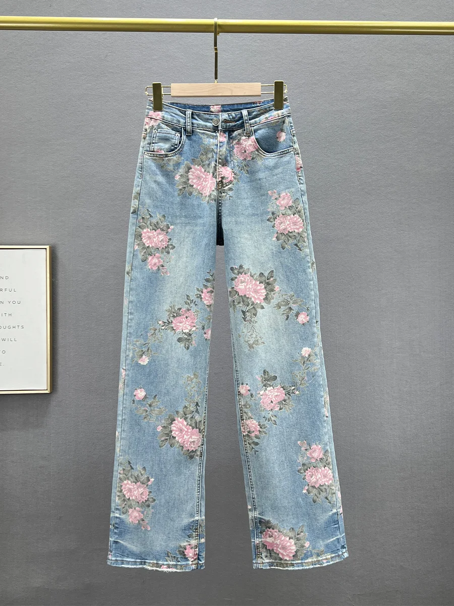 Ethnic Print Wide-Leg Jeans Pants Women's 2024 New Spring High Waist Loose Slimming Chinese Denim Long Mop Trousers Streetwear