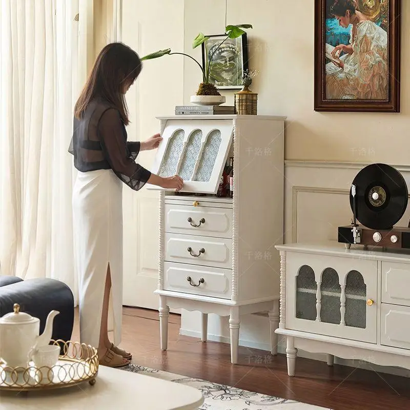 French Cream Wind Solid Wood Side Cabinet Floor Storage Cabinet Living Room Small Apartment TV Cabinet American Locker