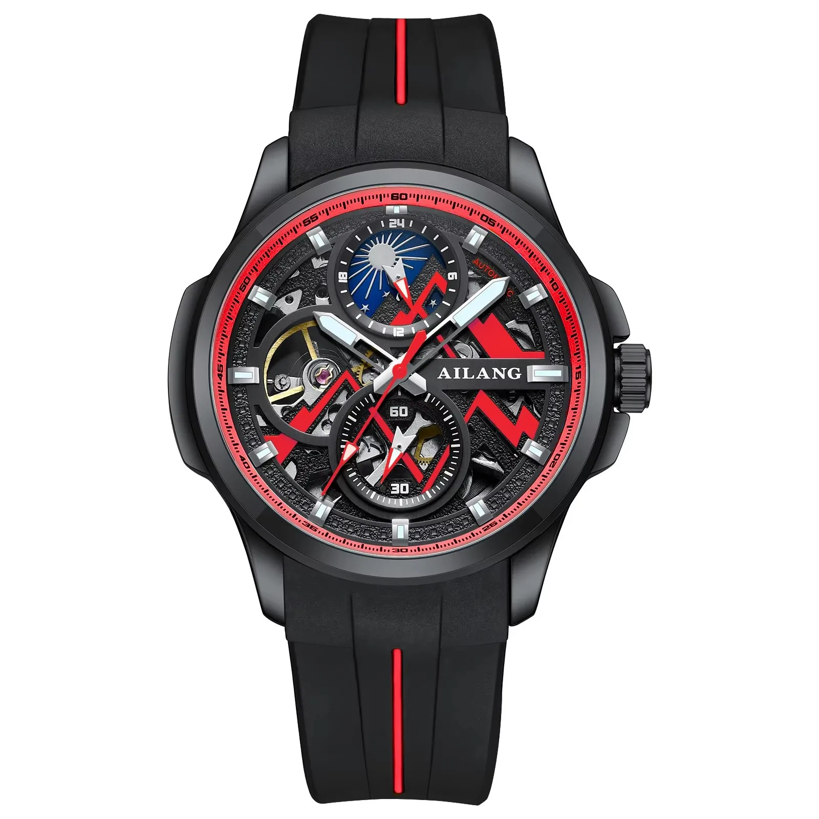 

2025 new Ailang men's automatic mechanical watch skeleton waterproof luminous tourbillon moon phase display simple fashion watch