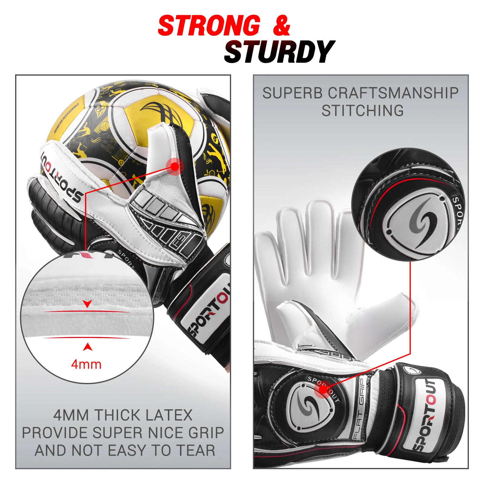 Sportout Goalie Gloves, Goalkeeper Gloves with Fingersave, Soccer Gloves, Breathable Soccer Goalie Gloves, 4mm Latex