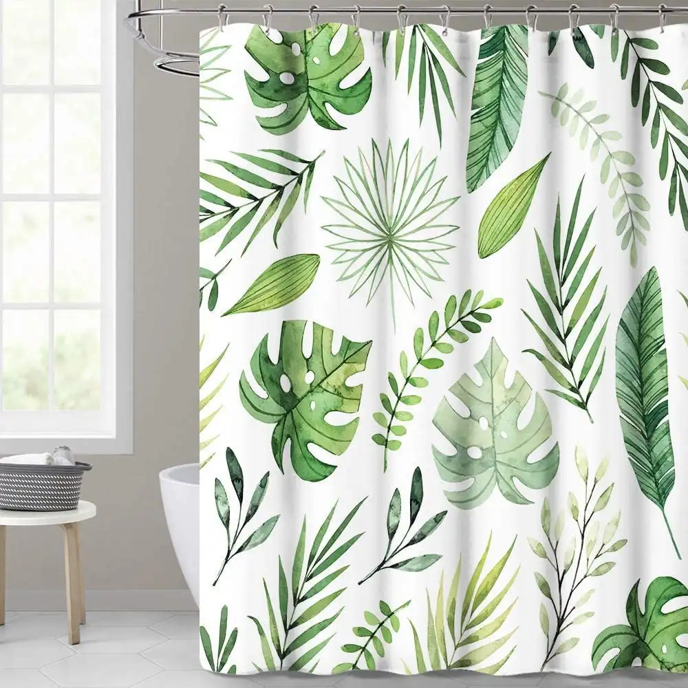 

Green Eucalyptus Shower Curtain, Watercolor Plant Leaves, with Floral Bathroom Fabric Decor