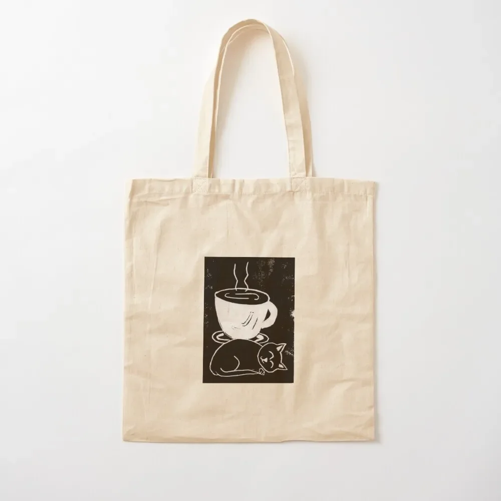 

Tiny cat with coffee (block print) Tote Bag shopping trolley bag Women's bags university shopper bag