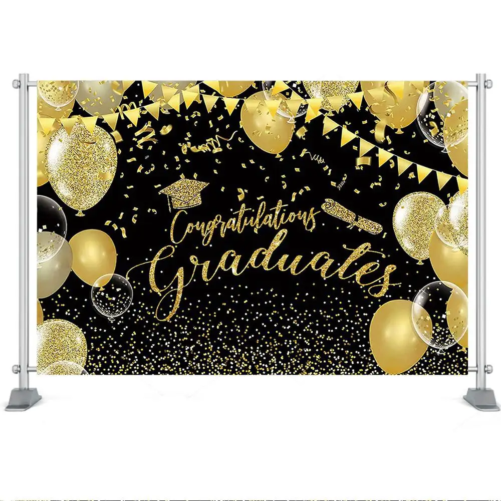 Mocsicka Class Graduation Backdrop Congrats Grad Class Celebration Party Decor Black and Gold Glitter Balloon Photo Background