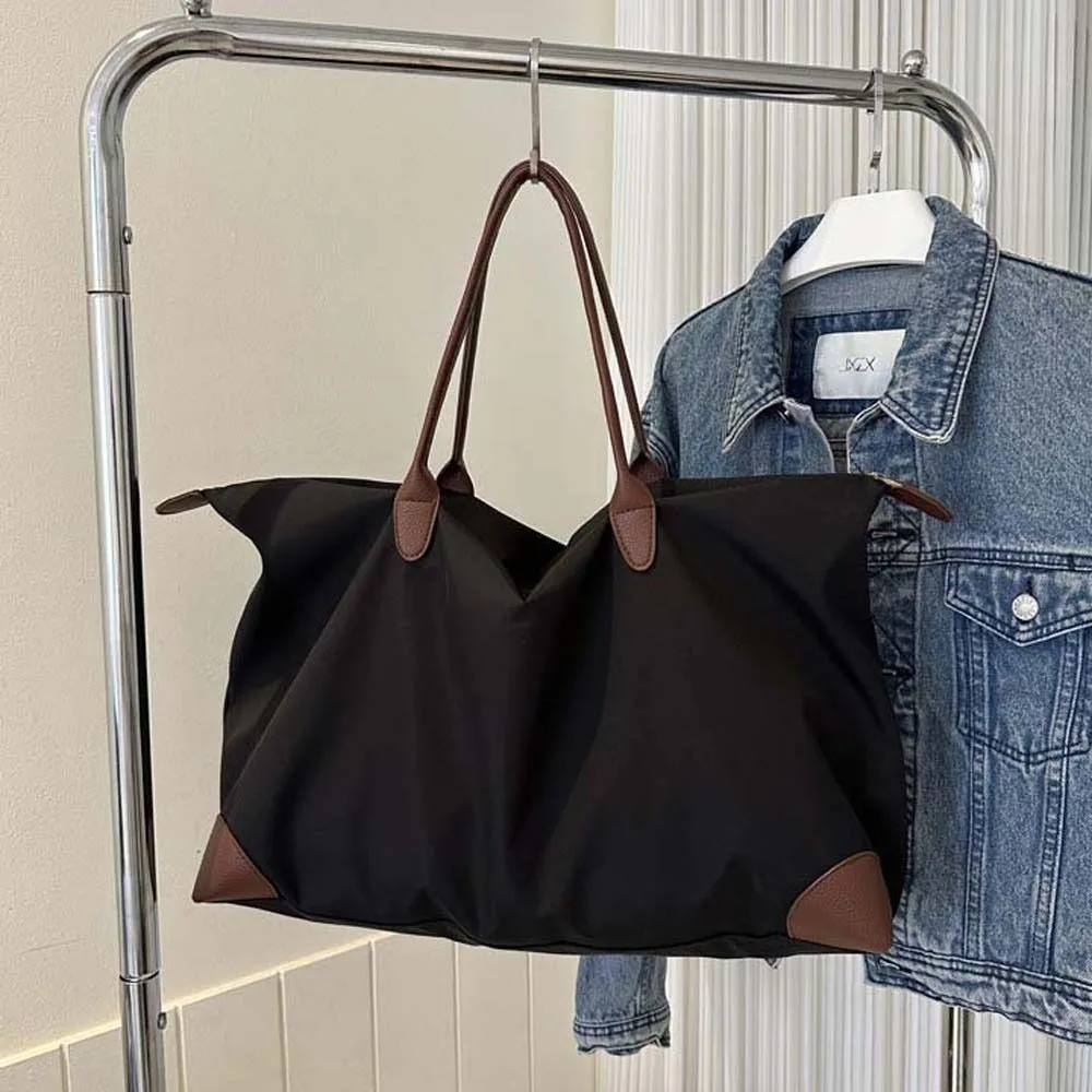 Solid Color Oxford Tote Bag Large Capacity Waterproof Nylon Shoulder Bag Leather Handbag Korean Style Simple Underarm Bag Travel