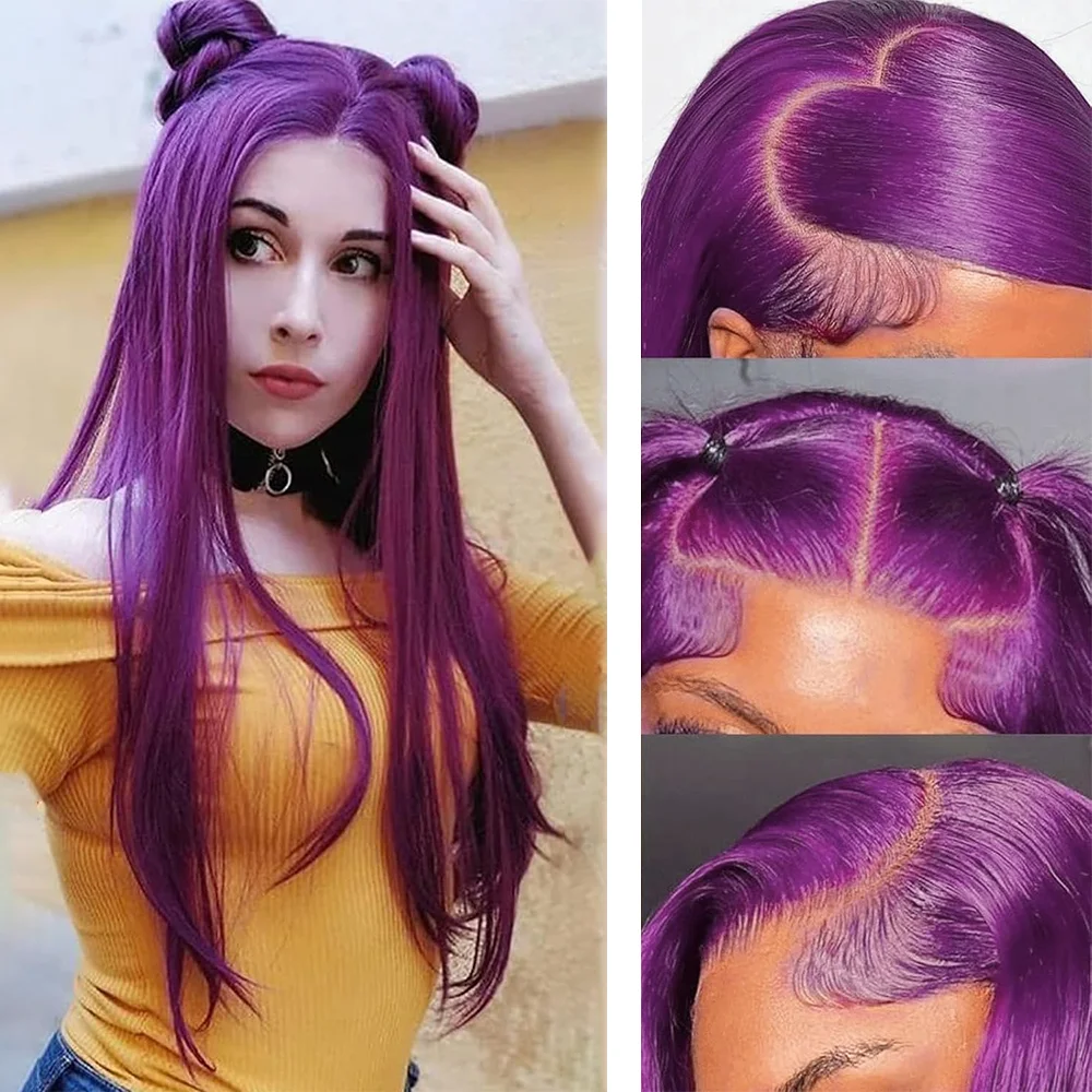 

13x4 Lace Front Wig Purple Long Straight Heat Resistant Synthetic Hair Glueless Natural Hairline For Women Halloween Daily Party