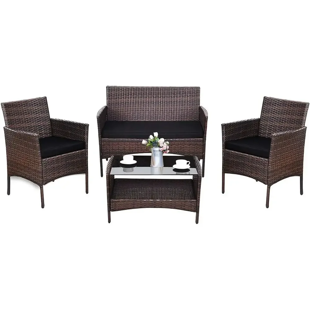 4-Piece Outdoor Wicker Furniture Set with Cushions and Coffee Table (Black)