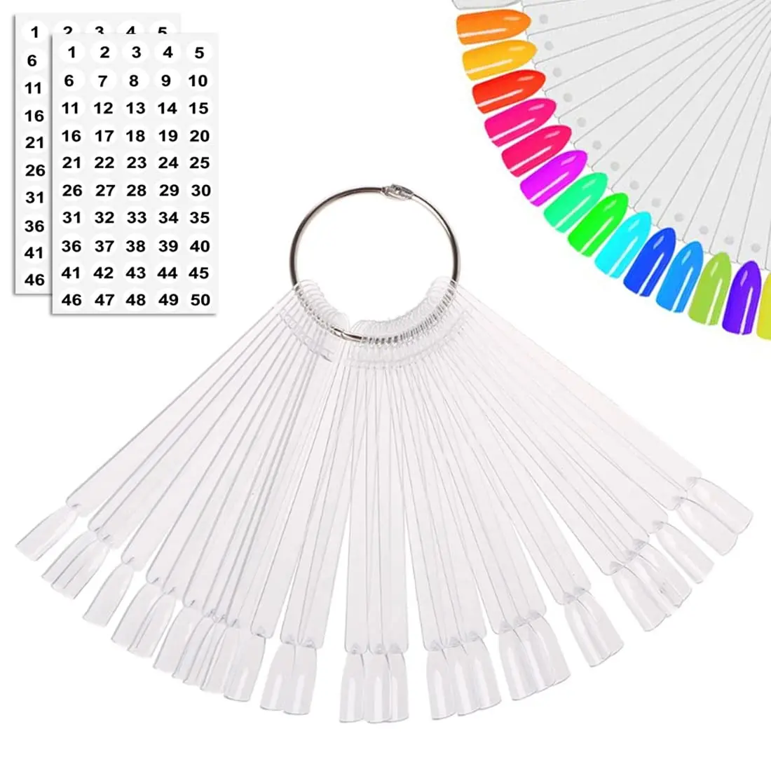 

50 nail art sticks with rings and numbered nibs - transparent fan-shaped display, suitable for nail art practice