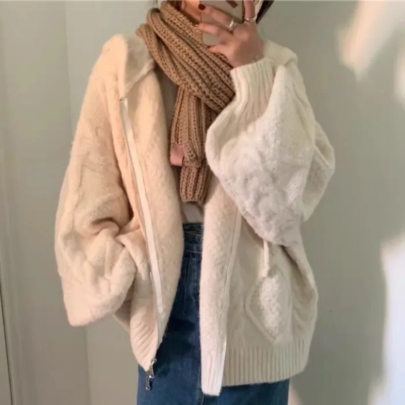 Korean Vintage Women Knitted Cardigan Autumn Winter Hooded Twist Sweater Woman Long Sleeve Zipper Crochet Outerwear Y2k