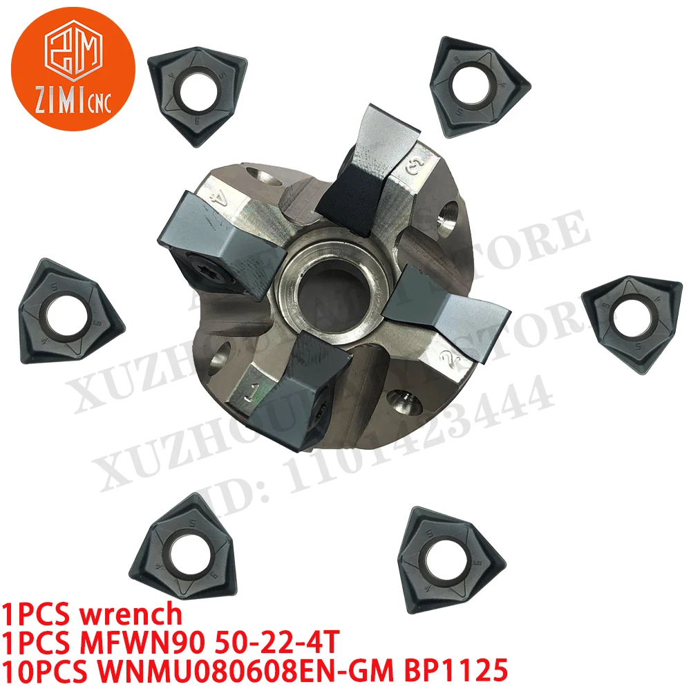 1PCS MFWN90 50-22-4T Milling cutter disc Tool + 10PCS WNMU080608EN-GM BP1125 CNC Carbide Milling inserts WNMU080608 + 1PC wrench