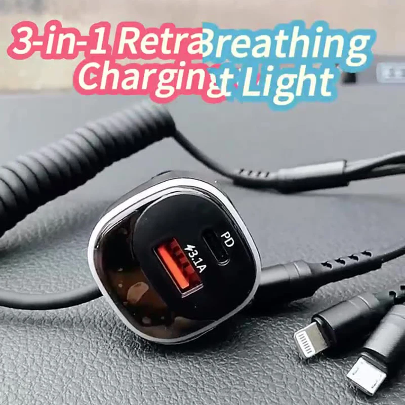 

3 In 1 Retractable 65W Car Charger Quick Charge QC3.022.5W Type C Car USB Charging Cable 7 Colours RGB Lights For Phone
