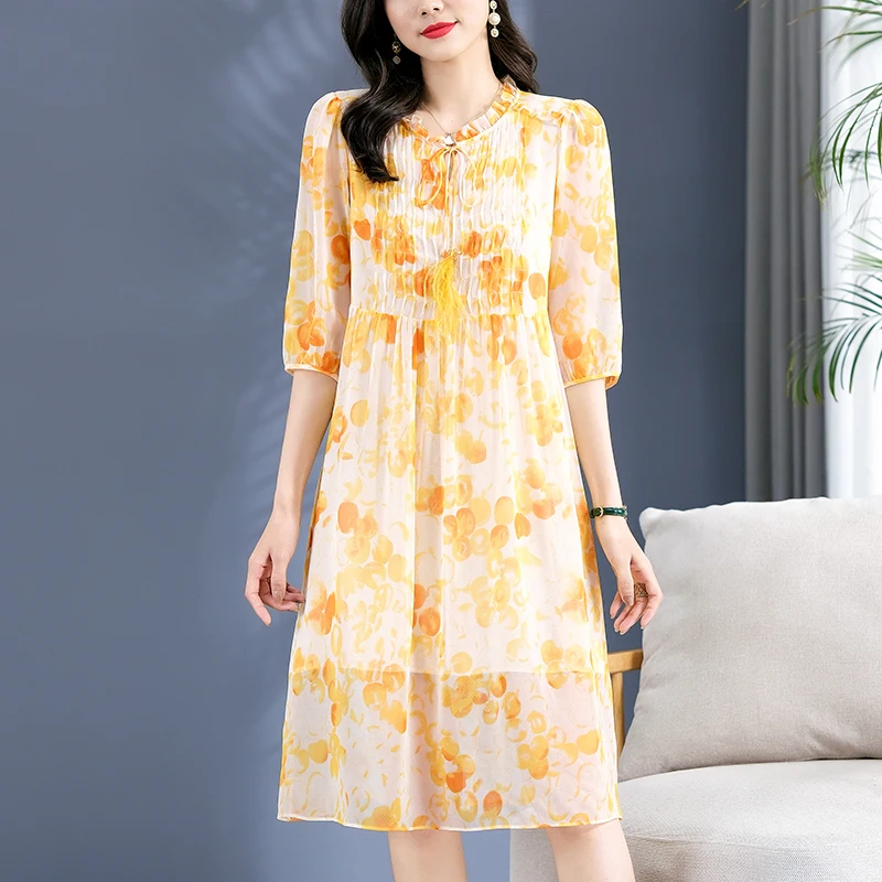 

New 100% Real Silk Women's Yellow Dress Summer Elegant Fashion Dresses for Women A-line Vintage Woman Print Long Midi Dress