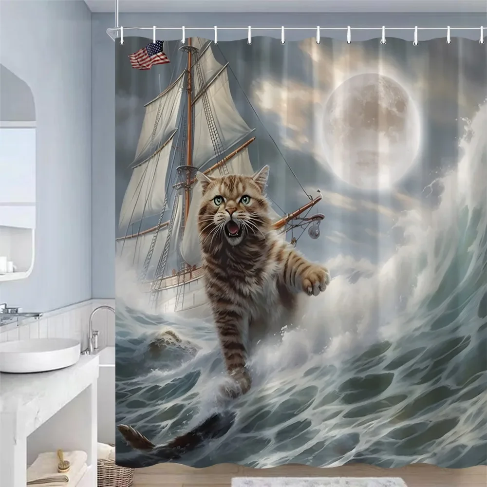 Funny Cat Shower Curtains Cute Animal Nautical Sailing Sea Waves Landscape Bath Curtain Polyester Fabric Bathroom Decor Hooks