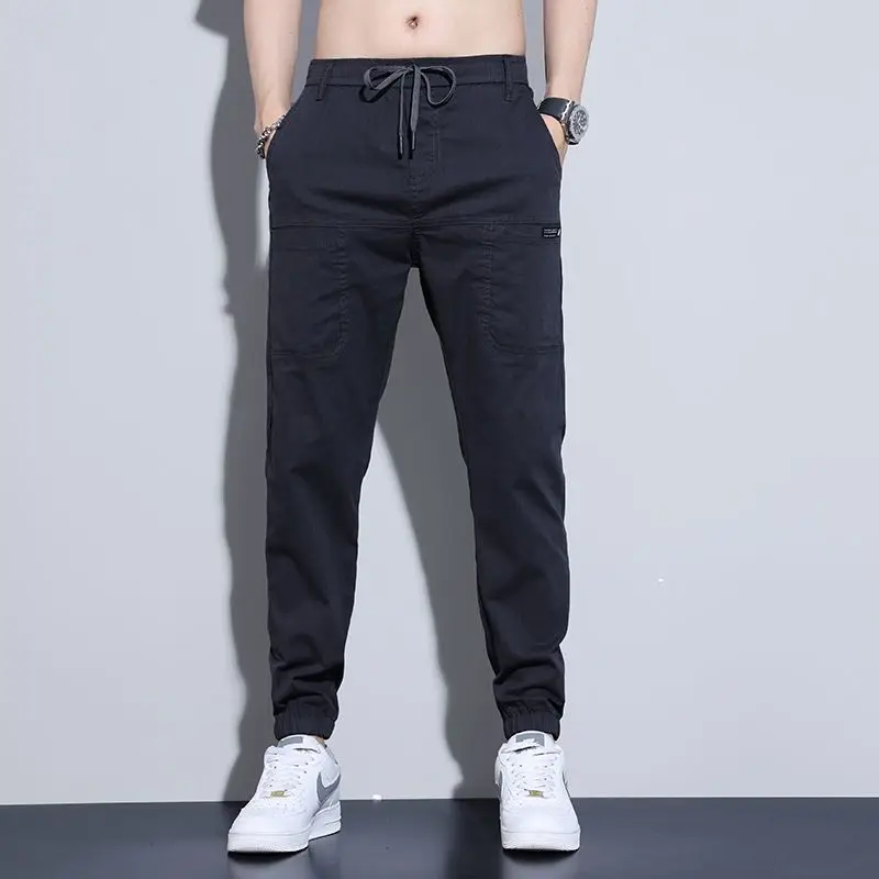 

Летние тонкие джинсы с шестью карманами, мужские свободные повседневные брюки Harlan с завязками на ногах, модная брендовая повседневная одежда с эластичной резинкой на талии