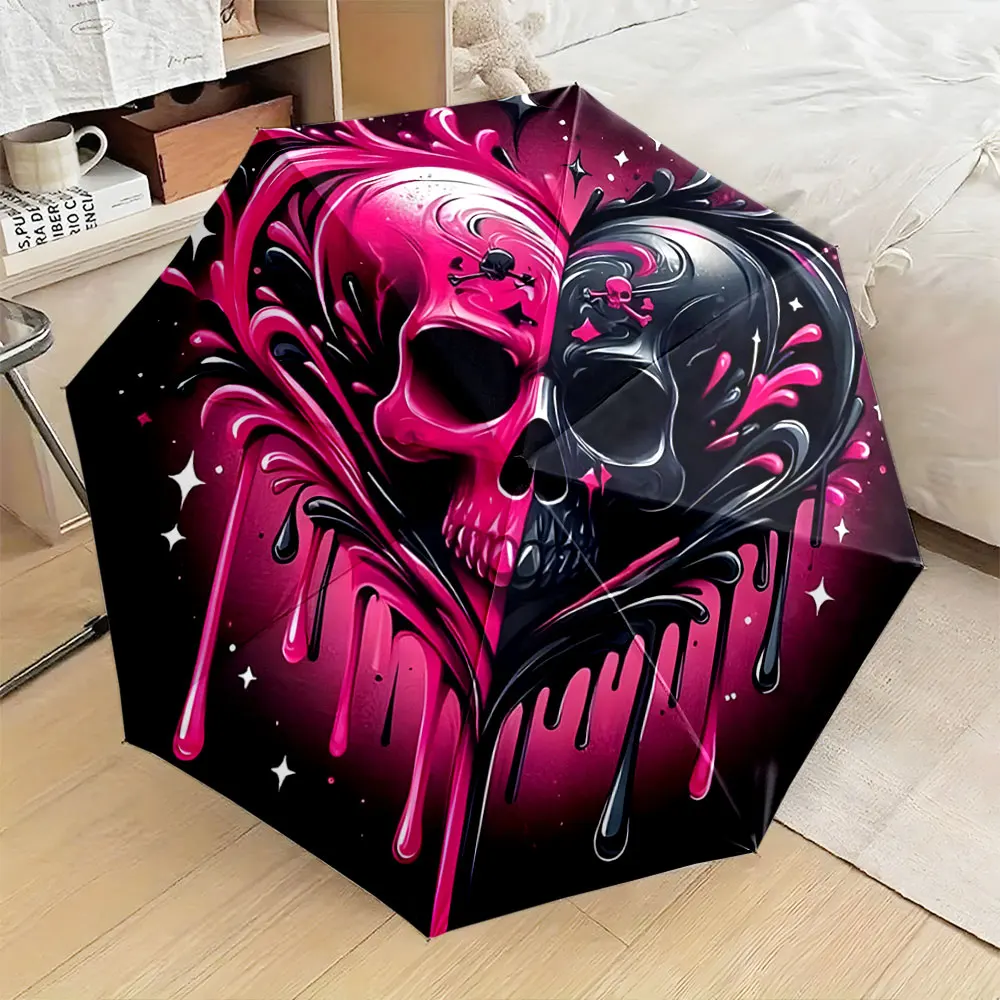 1PC A Unique Skull Print Umbrella with Bold Colors Print 8 Iron Ribs Folding Umbrella Auto-Open Fashion Sunshade