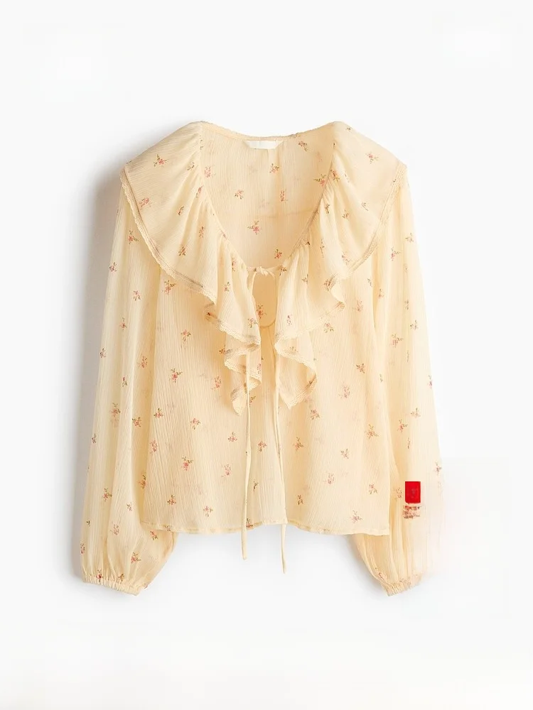 

Spring New Arrival Women's Pleated Chiffon irt Ele Sle Loose Fit Long Sve V-Ne Button Detail Hem Ruffle Design