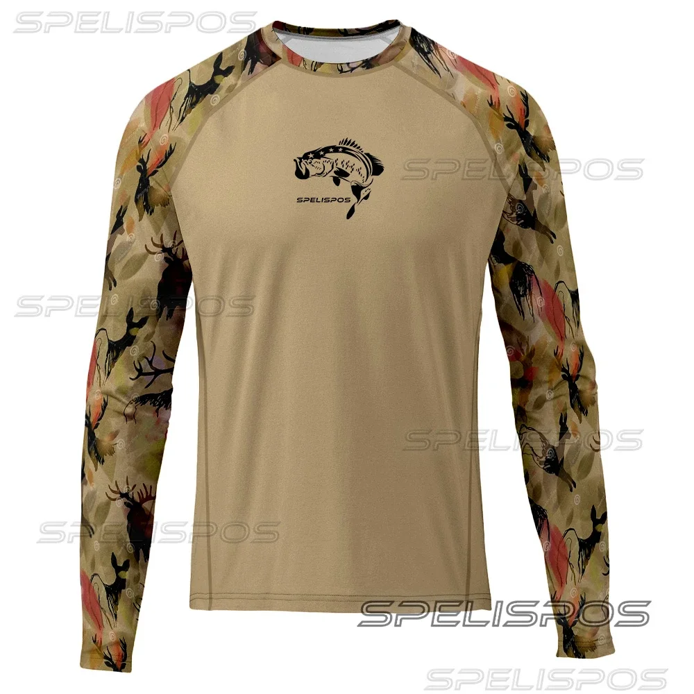 SPELISPOS Men Round Neck Fishing Jersey Hiking Tops Breathable UPF 50+ Long Sleeve Shirt Performance Angling Fishing Clothes