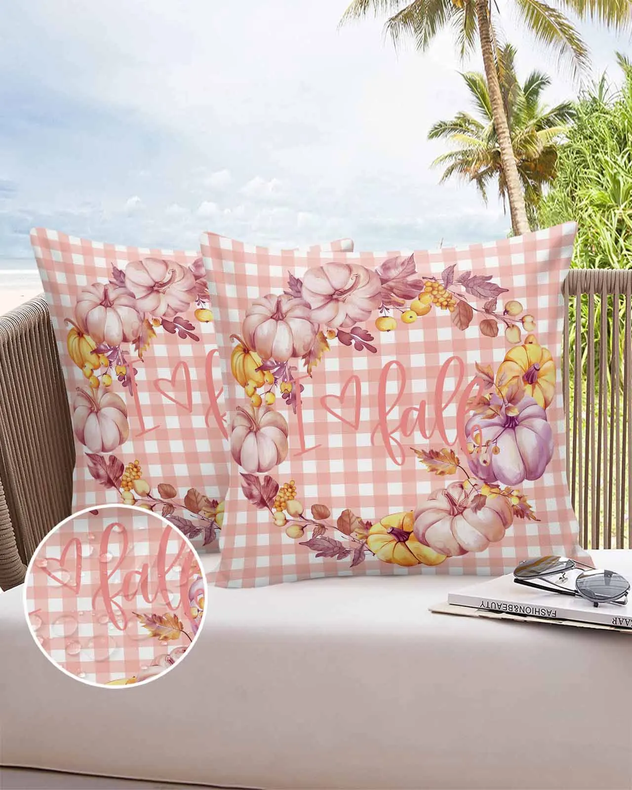 

Pink Pumpkin Wreath Plaid 2/4PCS Outdoor Pillowcase Waterproof Pillow Cover Case Garden Patio Cushion Covers Home Decor