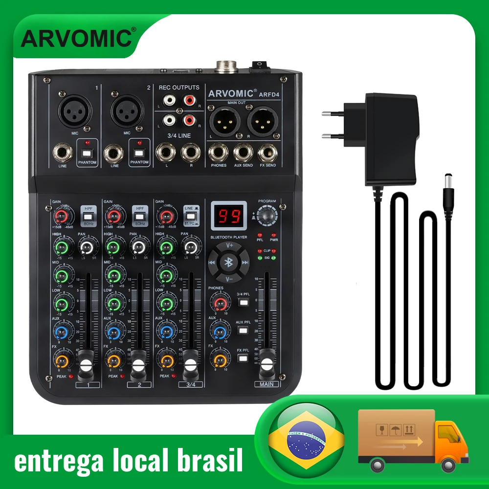 Do Brasil Mixer de áudio de 6 canais ARVOMIC DJ Mixer com interface de áudio USB, função Bluetooth, 16 efeitos DSP e equalizador de 3 bandas (ARMX-6)