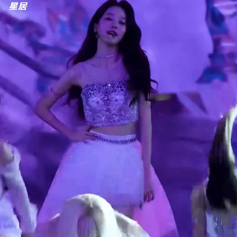 Kpop Korean Singer Y2K Concert Outfits Women Sexy Lace Sling Vest Crop Tops Jazz Dance Wear Mesh Skirt Stage Performance Costume