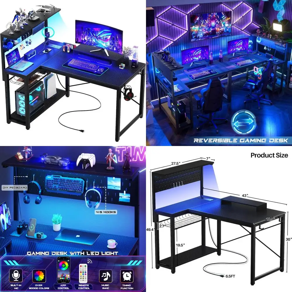 

L-Shaped 43 Inch Gaming Desk with LED Light, Monitor Stand, and Storage Shelves