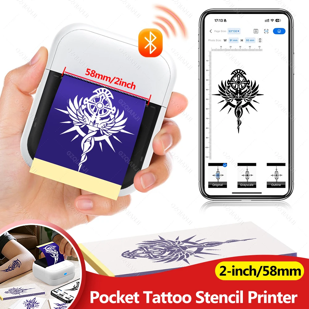 

2-дюймовый портативный мини-термопринтер для татуировок, карманный аппарат для создания татуировок, печать на бумаге для татуировок без чернил, для небольших узоров